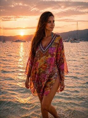 Sahiba Sheer Colorful Embellished Beaded Tunic Cover Up size M.